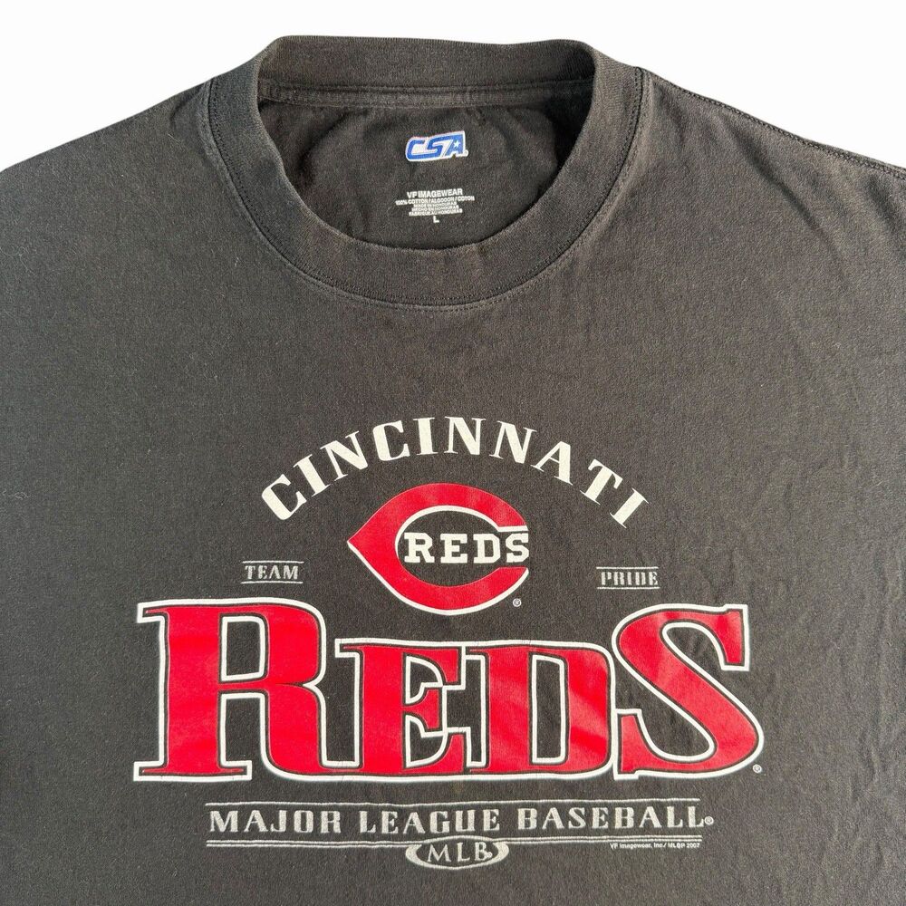 Vtg Cincinnati Reds Spell Out Logo Shirt Men’s Large CSA Black MLB Baseball Y2K